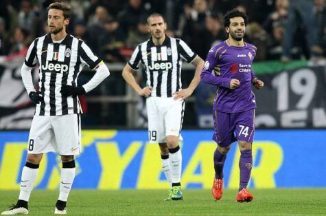 Salah festeggia in mezzo a Bonucci e Marchisio sconfortati (getty images)